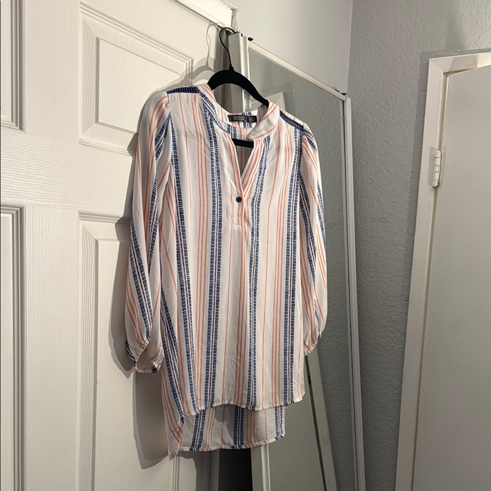 Blue and Pink Long Sleeve Polo Blouse